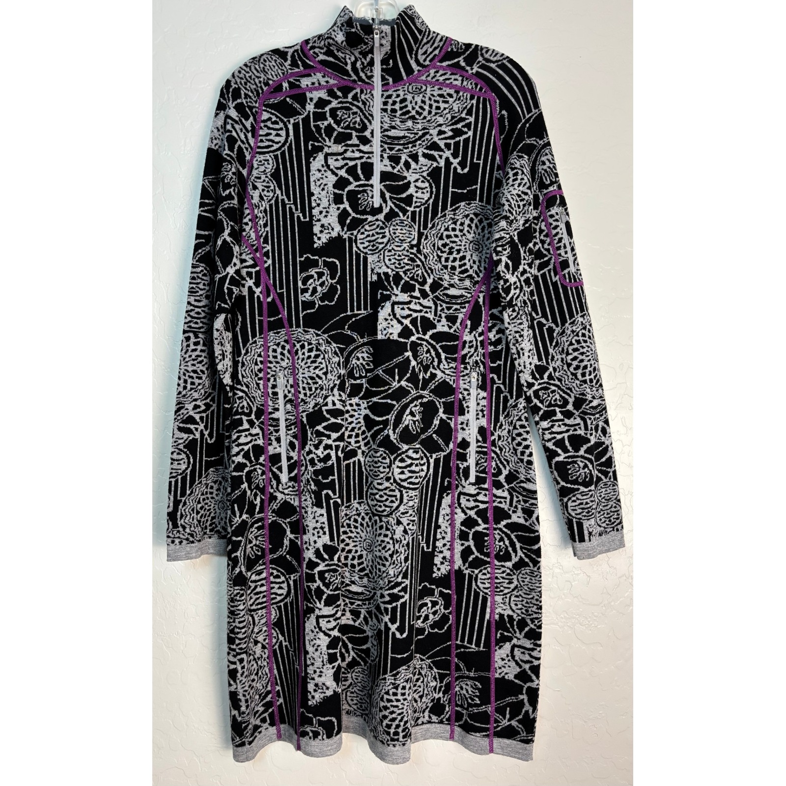 Title Nine Merino Wool Quarter Zip Sweater Dress Black Grey Floral Womens M 2181
